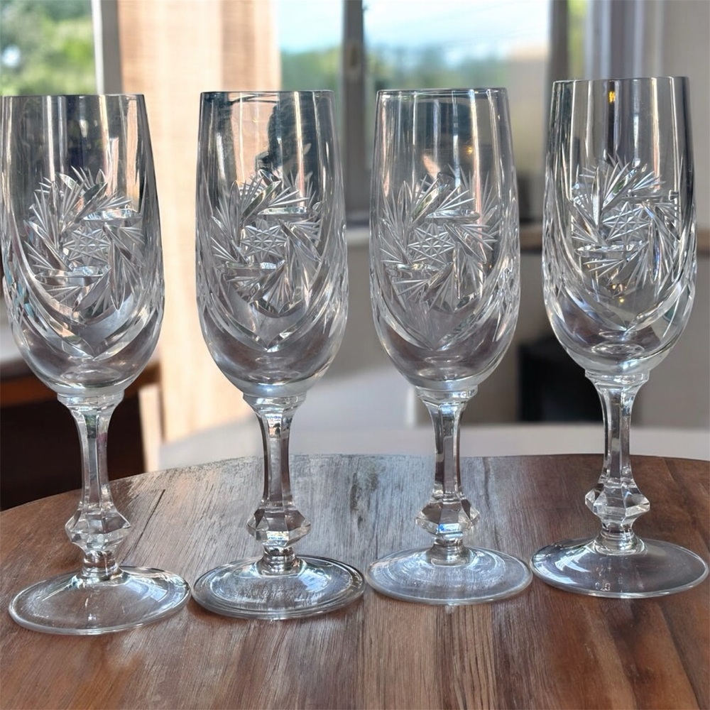 ✨ Vintage Bohemian Crystal Champagne Flutes | Set of 4